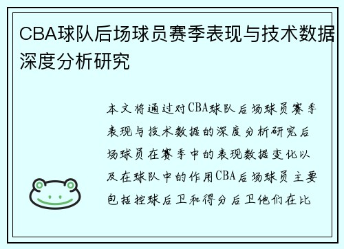 CBA球队后场球员赛季表现与技术数据深度分析研究