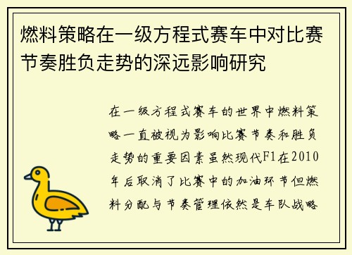 燃料策略在一级方程式赛车中对比赛节奏胜负走势的深远影响研究 燃料策略在一级方程式赛车中对比赛节奏胜负走势的深远影响研究
